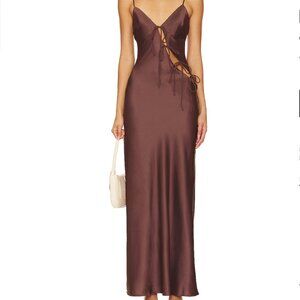 NWT Lioness Chocolate Satin Maxi Dress with Side Tie Cutouts